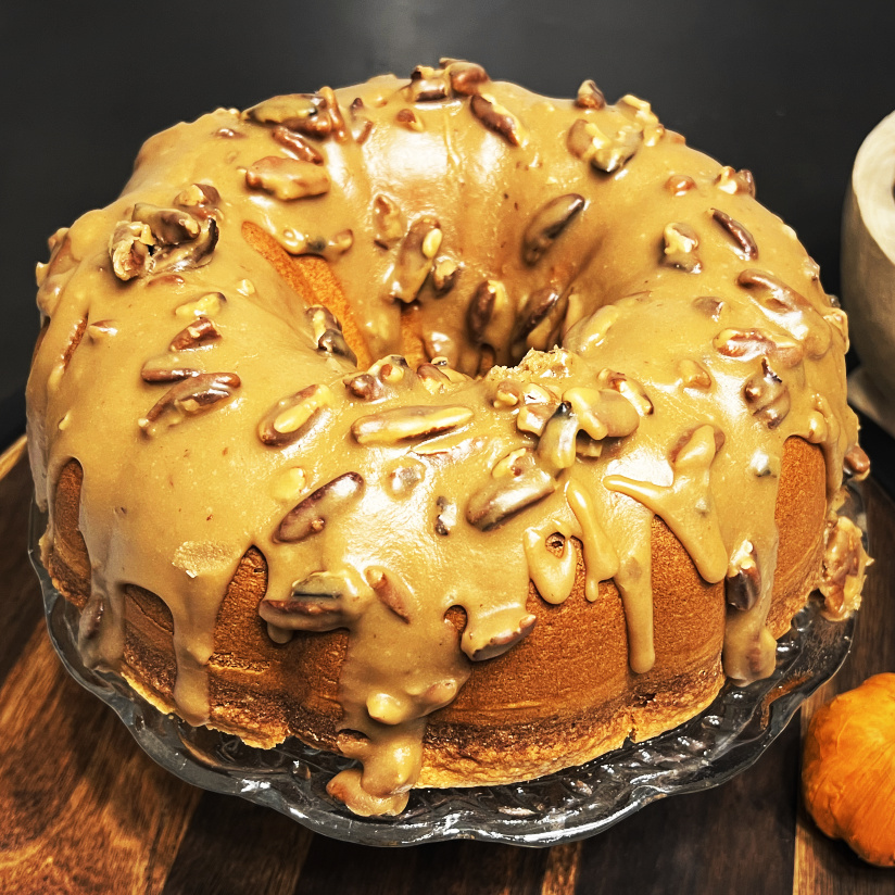 Sugar-Free Cream Cheese Pound Cake w/ Pecan Praline Topping